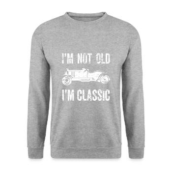 Ich bin nicht alt Ich bin klassisch - Lustige Designs für Senioren - Unisex Pullover - Weißgrau meliert - Vorne - Alina (178cm) & Michal (187cm)