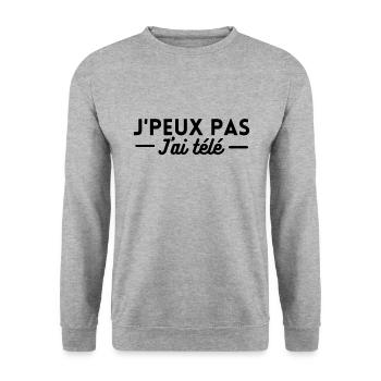 j'peux pas j'ai télé. t-shirt télévision humour - Sweat-shirt Unisexe - gris chiné - Devant - Alina (178cm) & Michal (187cm)