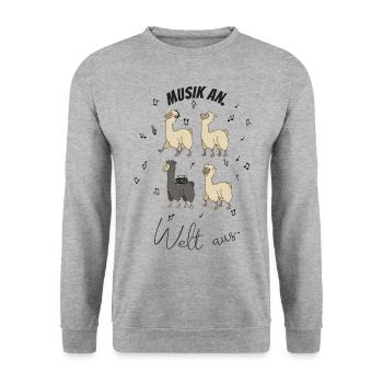Alpaka- Design für Musiker. Musik an. Welt aus. - Unisex Pullover - Weißgrau meliert - Vorne - Alina (178cm) & Michal (187cm)