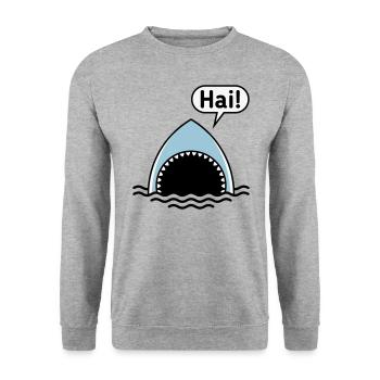 Hai! (Haifisch / Sprechblase / Comic / Cartoon) - Unisex Pullover - Weißgrau meliert - Vorne - Alina (178cm) & Michal (187cm)