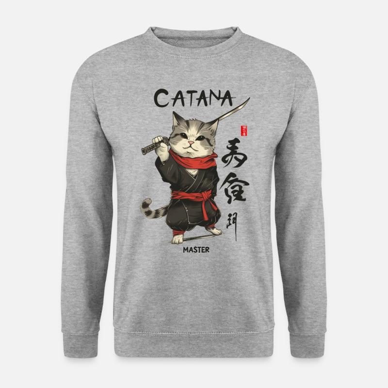 Catana Master japanische Katze mit Katana - Unisex Pullover - Weißgrau meliert