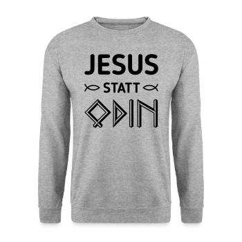 Jesus Statt Odin (Gegen Rechts / Black) - Unisex Pullover - Weißgrau meliert - Vorne - Alina (178cm) & Michal (187cm)