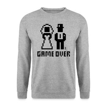 Game Over (Bachelor of the Bride and Groom Pixel / Bold B) - Sweat-shirt Unisexe - gris chiné - Devant - Alina (178cm) & Michal (187cm)