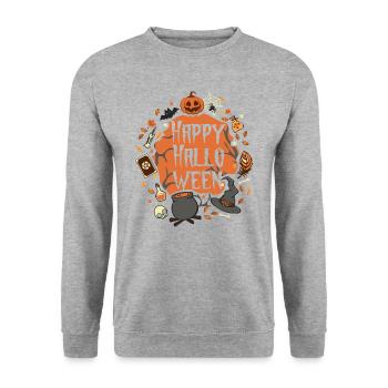Happy Halloween - Spruch Graphic Als Geschenk - Unisex Pullover - Weißgrau meliert - Vorne - Alina (178cm) & Michal (187cm)