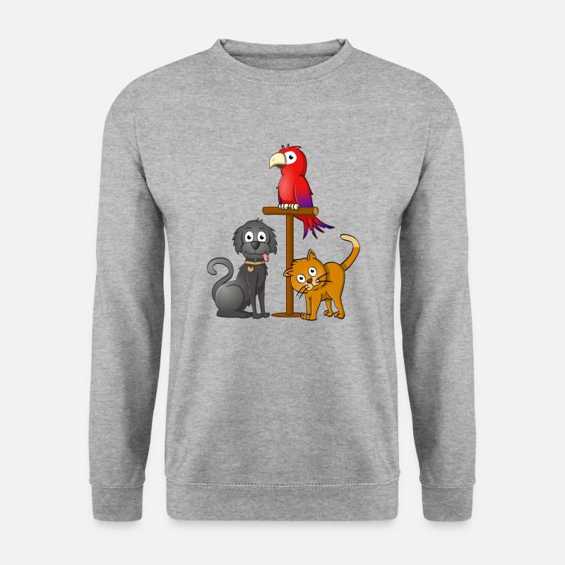 Schwarzer Hund, orangefarbene Katze und Papagei am Spieß - Unisex Pullover - Weißgrau meliert
