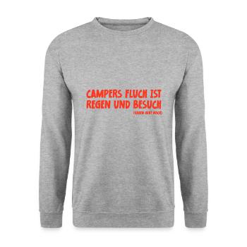 Camping Spruch Campers Fluch ist Regen und Besuch - Unisex Pullover - Weißgrau meliert - Vorne - Alina (178cm) & Michal (187cm)