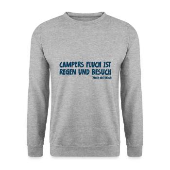 Camping Spruch Campers Fluch ist Regen und Besuch - Unisex Pullover - Weißgrau meliert - Vorne - Alina (178cm) & Michal (187cm)