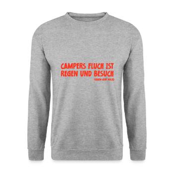 Camping Spruch Campers Fluch ist Regen und Besuch - Unisex Pullover - Weißgrau meliert - Vorne - Alina (178cm) & Michal (187cm)