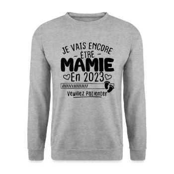 Mamie en 2023 / Cadeau future mamie 2023 - Sweat-shirt Unisexe - gris chiné - Devant - Alina (178cm) & Michal (187cm)