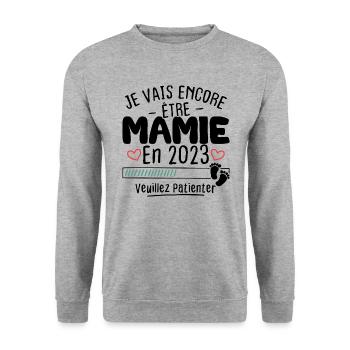 Mamie en 2023 / Cadeau future mamie 2023 - Sweat-shirt Unisexe - gris chiné - Devant - Alina (178cm) & Michal (187cm)