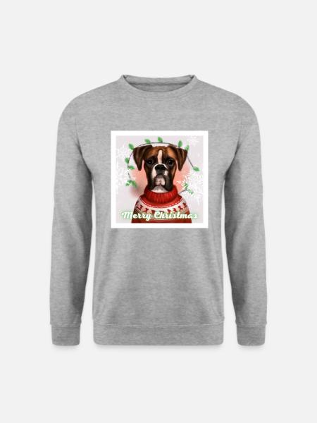Süßer Boxerhund im weihnachtlichen Rentierpullover. - Unisex Pullover - Weißgrau meliert