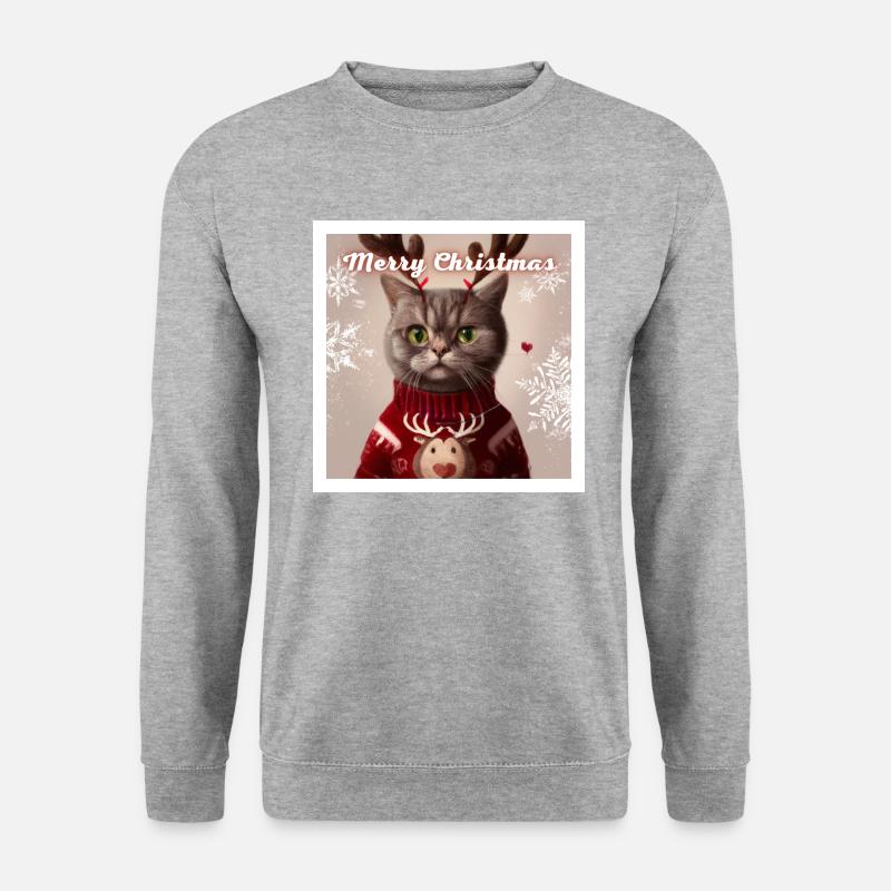 Süße britische Katze im Weihnachtspullover. - Unisex Pullover - Weißgrau meliert