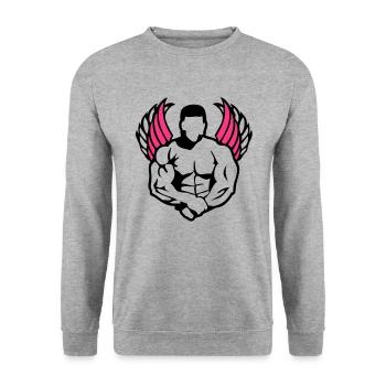 bodybuilder3 Supermuskel Flügel body1 - Unisex Pullover - Weißgrau meliert - Vorne - Alina (178cm) & Michal (187cm)