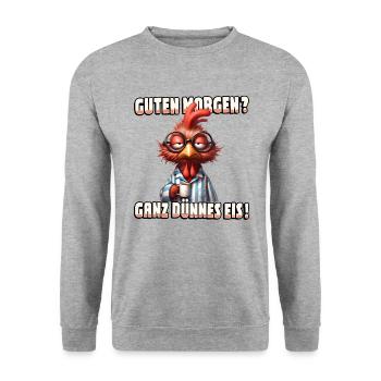 Guten Morgen? Ganz dünnes Eis Hahn mit Kaffee - Unisex Pullover - Weißgrau meliert - Vorne - Alina (178cm) & Michal (187cm)