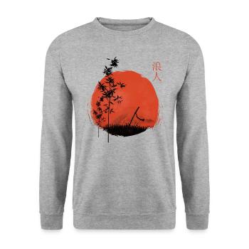 Rote Sonne und Bambus mit Katana Schwert - Unisex Pullover - Weißgrau meliert - Vorne - Alina (178cm) & Michal (187cm)