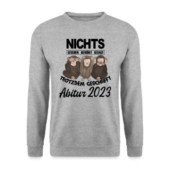 Affen Abitur 2023 nichts gesehen Geschenkidee - Unisex Pullover - Weißgrau meliert - Vorne - Alina (178cm) & Michal (187cm)