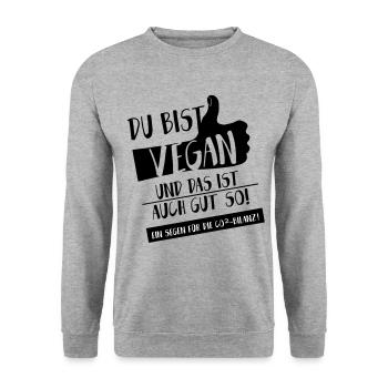 Vegan Co2 Daumen hoch SabineVegan HerzAufShirt - Unisex Pullover - Weißgrau meliert - Vorne - Alina (178cm) & Michal (187cm)