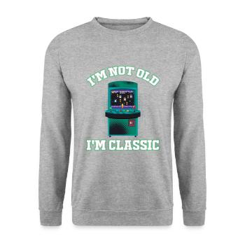 Nicht alt, ich bin klassisch Arcade-Spiele-Konsole - Unisex Pullover - Weißgrau meliert - Vorne - Alina (178cm) & Michal (187cm)
