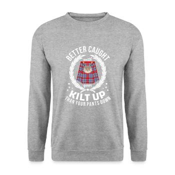 Lieber im Kilt als in der Hose erwischt werden - Unisex Pullover - Weißgrau meliert - Vorne - Alina (178cm) & Michal (187cm)