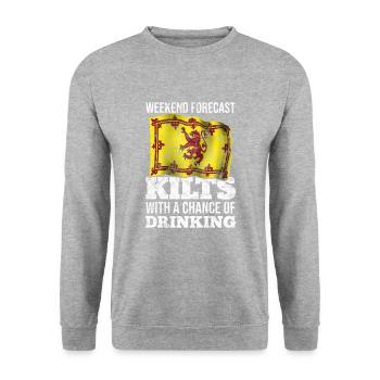 Wochenendvorhersage Kilts With Chance Of Drinking - Unisex Pullover - Weißgrau meliert - Vorne - Alina (178cm) & Michal (187cm)