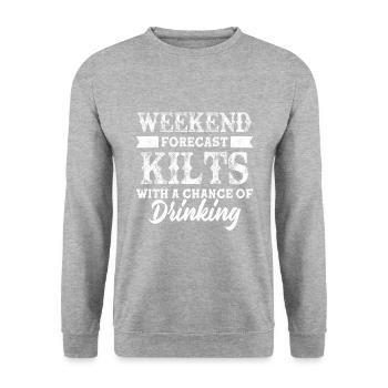 Kilt Männer Spruch Schottenrock - Unisex Pullover - Weißgrau meliert - Vorne - Alina (178cm) & Michal (187cm)