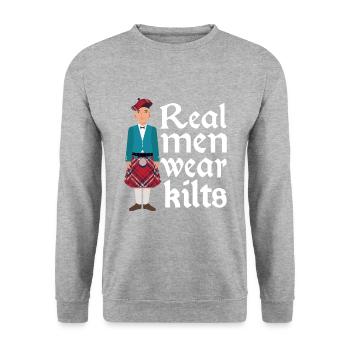 Kilt Männer Spruch Schottenrock - Unisex Pullover - Weißgrau meliert - Vorne - Alina (178cm) & Michal (187cm)