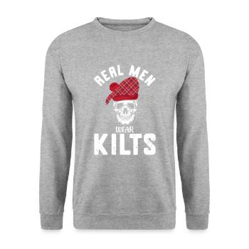 Kilt Männer Spruch Schottenrock - Unisex Pullover - Weißgrau meliert - Vorne - Alina (178cm) & Michal (187cm)
