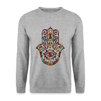 Hamsa Hand, Glücksbringer Schutz Auge Geschenkidee - Unisex Pullover - Weißgrau meliert - Vorne - Alina (178cm) & Michal (187cm)