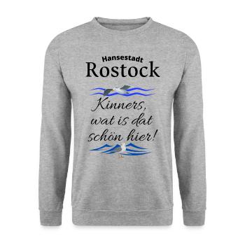 Rostock Hansestadt Ostsee Urlaubs Spruch mit Möwe - Unisex Pullover - Weißgrau meliert - Vorne - Alina (178cm) & Michal (187cm)
