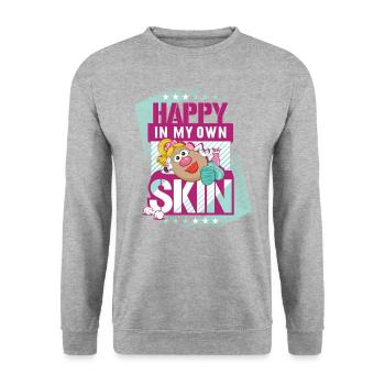 Mrs. Potato Head Happy in my Own Skin - Unisex Pullover - Weißgrau meliert - Vorne - Alina (178cm) & Michal (187cm)