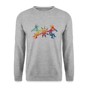 Native American Kokopelli Duo With Sun 2 - Unisex Pullover - Weißgrau meliert - Vorne - Alina (178cm) & Michal (187cm)