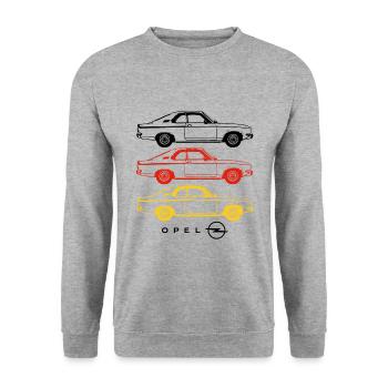 Opel Manta Design In Schwarz-Rot-Gelb Mit Logo - Unisex Pullover - Weißgrau meliert - Vorne - Alina (178cm) & Michal (187cm)
