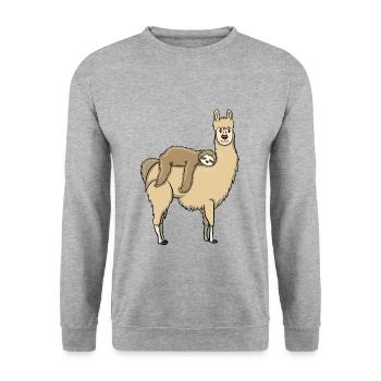 Faultier reitet auf Lama - Unisex Pullover - Weißgrau meliert - Vorne - Alina (178cm) & Michal (187cm)