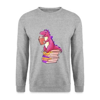 Dino liest Bücher - Unisex Pullover - Weißgrau meliert - Vorne - Alina (178cm) & Michal (187cm)