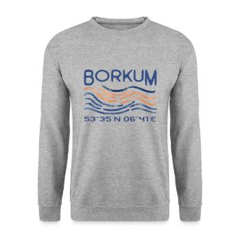 Borkum GPS Koordinaten Nordsee Insel Leuchtturm - Unisex Pullover - Weißgrau meliert - Vorne - Alina (178cm) & Michal (187cm)