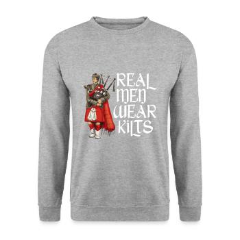 Real Men Wear Kilts- Schottenroch Herrenrock - Unisex Pullover - Weißgrau meliert - Vorne - Alina (178cm) & Michal (187cm)