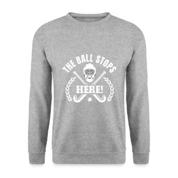 Der Ball bleibt hier liegen - Feldhockey-Torwart - Unisex Pullover - Weißgrau meliert - Vorne - Alina (178cm) & Michal (187cm)