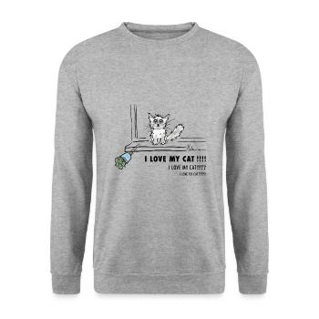 Ich LIEBE meine Katze!!!!! - Unisex Pullover - Weißgrau meliert - Vorne - Alina (178cm) & Michal (187cm)