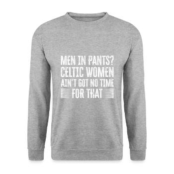 Lustiger Schottland Kilt Spruch Schottenrock - Unisex Pullover - Weißgrau meliert - Vorne - Alina (178cm) & Michal (187cm)