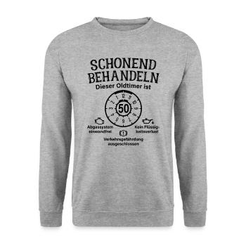 Oldtimer Ist 50 Schonend Behandeln 50. Geburtstag - Unisex Pullover - Weißgrau meliert - Vorne - Alina (178cm) & Michal (187cm)