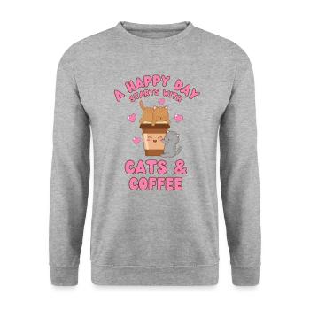 Kaffee Katze kawaii Kaffee und Katzen Liebhaber - Unisex Pullover - Weißgrau meliert - Vorne - Alina (178cm) & Michal (187cm)