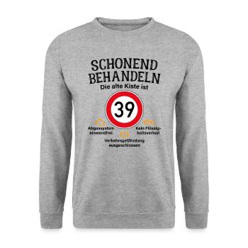39. Geburtstag Schonend Behandeln 39 Alte Kiste 39 - Unisex Pullover - Weißgrau meliert - Vorne - Alina (178cm) & Michal (187cm)