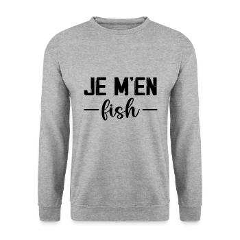 Je M'En Fish 🤣 jeu de mots 'Je M'En Fiche' - Sweat-shirt Unisexe - gris chiné - Devant - Alina (178cm) & Michal (187cm)