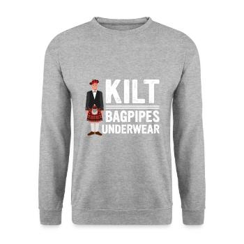 Kilt Männer Spruch Schottenrock - Unisex Pullover - Weißgrau meliert - Vorne - Alina (178cm) & Michal (187cm)