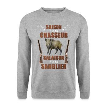 La Saison De La Chasse Au Sanglier Humour - Sweat-shirt Unisexe - gris chiné - Devant - Alina (178cm) & Michal (187cm)