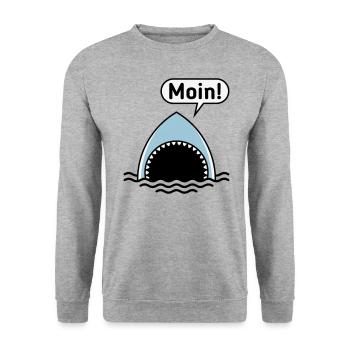 Moin! (Hai / Haifisch / Sprechblase / Comic) - Unisex Pullover - Weißgrau meliert - Vorne - Alina (178cm) & Michal (187cm)
