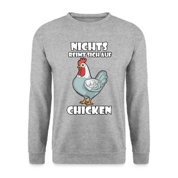 Nichts reimt sich auf Chicken - Unisex Pullover - Weißgrau meliert - Vorne - Alina (178cm) & Michal (187cm)
