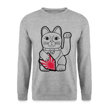 Maneki Neko "Rising Sun Flag" - Dark Contour - Unisex Pullover - Weißgrau meliert - Vorne - Alina (178cm) & Michal (187cm)