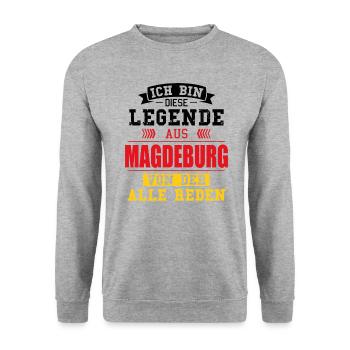 Stadt Magdeburg Deutschland Legende Spruch - Unisex Pullover - Weißgrau meliert - Vorne - Alina (178cm) & Michal (187cm)