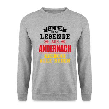 Stadt Andernach Deutschland Legende Spruch - Unisex Pullover - Weißgrau meliert - Vorne - Alina (178cm) & Michal (187cm)